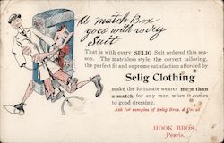 Hook Bros., Selig Clothing. A match box goes with every suit. Match box running carrying dressed mannequin. San Francisco, CA Po Postcard