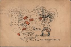 The day we dodged bricks. Globe man throwing bricks at man. Buildings collapsing. San Francisco, CA 1906 San Francisco Earthquak Postcard