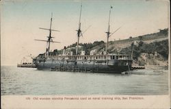 Old wooden warship Pensacola used as naval training ship. Postcard