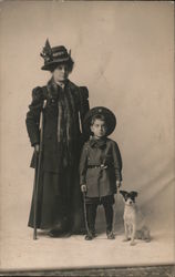 Studio Portrait: Woman on crutches and boy with dog on a leash Family Portaits Postcard Postcard Postcard