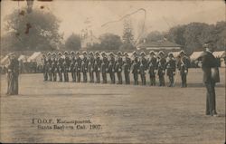 I O.O.F Encampment 1907. Tents, troops at attention, dress attire, swords. Santa Barbara, CA Postcard Postcard Postcard