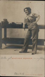 Another Worker: woman in overalls posing by a work table Women Postcard Postcard Postcard