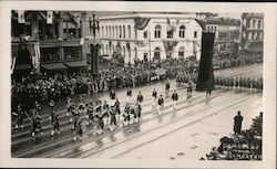 Men Marching Band. Flags and banners on buildings San Francisco, CA Postcard Postcard Postcard