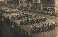 Parade. Sailors with brooms walking in formation, San Francisco and San Pedro sign California Postcard Postcard Postcard