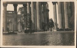 Three people standing by pond under huge coliseum columns San Francisco, CA Postcard Postcard Postcard