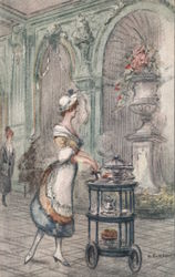 The White House - Service in the tea room. Painting of woman in apron pushing tea trolley Postcard