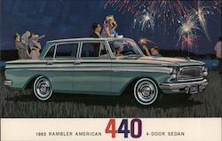 1963 Rambler American 440 4-door sedan. Family watching fireworks in field Cars Postcard Postcard Postcard