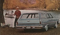 1965 Chevelle! Malibu 4-door wagon. Man fishing at river bank Cars Postcard Postcard Postcard