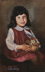 V. Burtchby portraits in oil Little girl with basket of flowers signed Oil Portraits by V. Burtchby Laguna Beach, CA Art Postcar Postcard