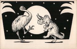 The Dancers. Emu and triceratops dancing by moonlight and stars. Cartoons Jackie Leventhal Postcard Postcard Postcard