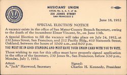 Musician Union Special Election notice San Francisco, CA Postcard Postcard Postcard