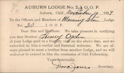 Auburn Lodge No. 7,I.O.O.F. visitor notification California Postcard Postcard Postcard