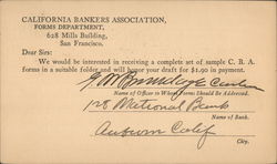 California Bankers Association, Forms Department. Request of forms. Postcard