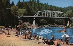 Hacienda Beach sunbathers, swimmers, Bridge over river Russian River, CA Postcard Postcard Postcard