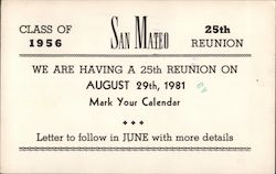 San Mateo Class of 1956 25th Reunion California Postcard Postcard Postcard