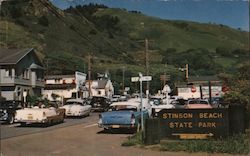 Stinson Beach State Park sign, resort town, cars, liquor store Postcard