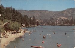 Lake Gregory, beach, canoes, swimmers. Man Made lake project of WPA Crestline, CA Merle Porter Postcard Postcard Postcard