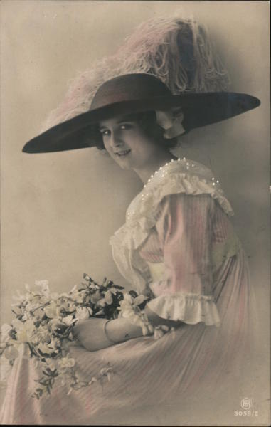 Colorized photo of woman large feather hat, bouquet Hats Postcard
