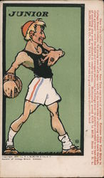 Blimline & Co. makers of College Brand Clothes. Cartoon of Junior throwing discus. Postcard