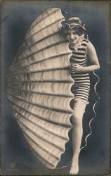 Girl Bather in large clam shell Swimsuits & Pinup Postcard Postcard Postcard