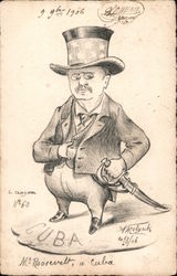 Mr Roosevelt, a Cuba. Caricature signed 1906 Postcard