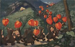 Light my way by Weber Milli. Long line of fairies in dark hoods carrying Chinese Lantern flowers Postcard