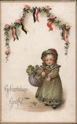 Little girl wearing green dress dropping shamrocks from her basket. Postcard