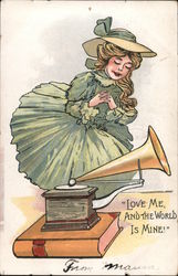 Love me and the world is mine! Woman listening to phonograph. Postcard