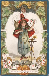 H16 Halloween: girl with cards, owl, lamp, and magic wand Postcard