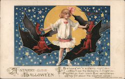 A strarry Hallowe'en. Girl, bats, red demons, moon Halloween Samuel L. Schmucker Postcard Postcard Postcard