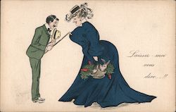 Let me tell you!! Thin man tapping cane on large bossum of woman in blue dress. Postcard