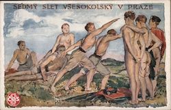 Sedmy Slet Vsesokolsky V Praze. Young men on hilltop posing, naked boy Prague, Czechoslovakia Postcard Postcard Postcard