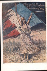 Pour le drapeau! Pour La Victorire! Lady Liberty with sword, crown, exposed breast and Flag, troops Postcard