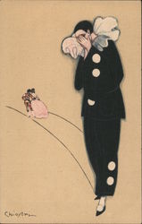 Harlequin walks away with ballerina as another harlequin cries. Artist Signed Chiostri Postcard Postcard Postcard