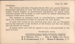 Anti-Labor Connally-Smith Bill vote No. mailed to President Franklin D. Roosevelt Presidents Postcard Postcard Postcard