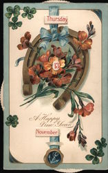 Mechanical Calendar - New Year, Horseshoe, Four-leaf Clovers Postcard