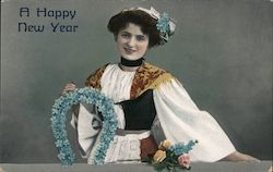 A Happy New Year - Woman with blue flower horseshoe Postcard