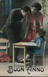 Buon Anno colorized photo man pointing finger at young girl sitting at desk. Children Postcard Postcard Postcard