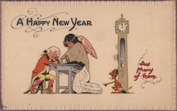 A happy New Year - Angel helping colonial boy write good resolutions, devil and clock Postcard