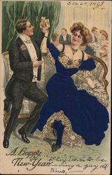 A happy New Year. Couple toasting on settee. Embossed Postcard