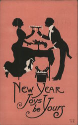 New Year joys be yours. Silhouette couple sharing champagne Postcard