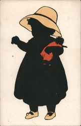 Silhouette of little girl, hat, doll, shoies Postcard