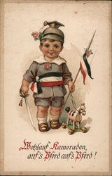 Little soldier boy with sword, toy horse Postcard