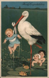 Hearty Congratulations (stork delivering baby) Postcard