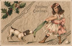 Christmas Greetings - Girl playing with dog. Embossed Postcard Postcard Postcard