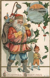 Christmas Greetings (Santa and boy with horn) Postcard