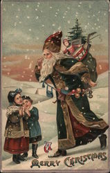 A Merry Christmas - Two Children Admiring Santa with Toys Santa Claus Postcard Postcard Postcard