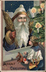 A Merry Christmas - Santa with candle lit tree, boy with horn and horse. Emobossed Santa Claus Postcard Postcard Postcard