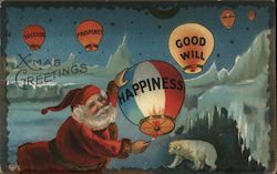 X-mas Greetings - Santa lighting balloons of success, prosperity, goodwill, happiness. Santa Claus Postcard Postcard Postcard