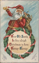 Hear old Santa in his sleigh. Christmas is here. Hurray-Hurray Santa Claus Postcard Postcard Postcard